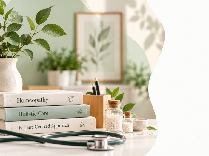 Books on homeopathy and patient-centred care beside a stethoscope and remedy jars