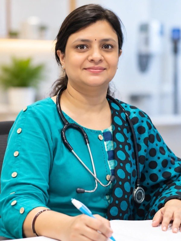 Dr. Ruchi Jain, homeopathic practitioner, seated at her desk in her Daryaganj clinic